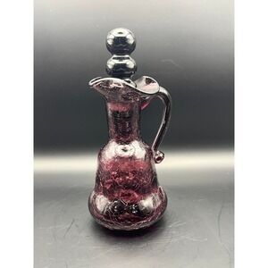 Vintage MCM Purple Crackle Glass Cruet w/Glass Double Ball Stopper- 7" Tall
